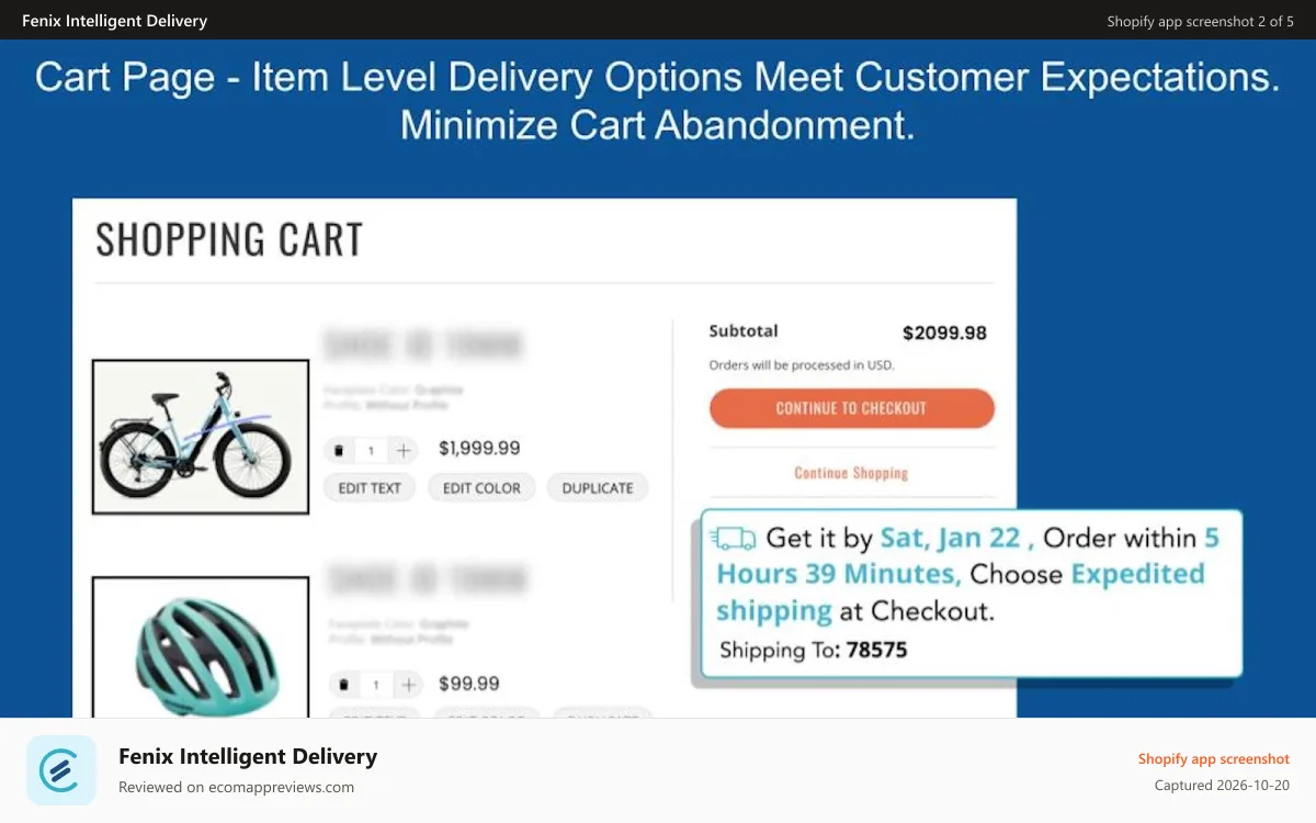 Fenix Intelligent Delivery Shopify app screenshot: Fenix: Delivery Options on the Cart Page, Reduces Abandoned Cart