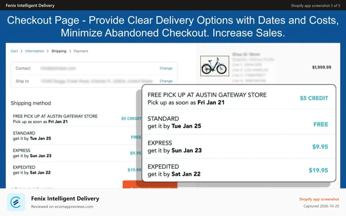 Fenix Intelligent Delivery Shopify app screenshot: Fenix: Delivery Options on Checkout Reduces Abandoned Checkout
