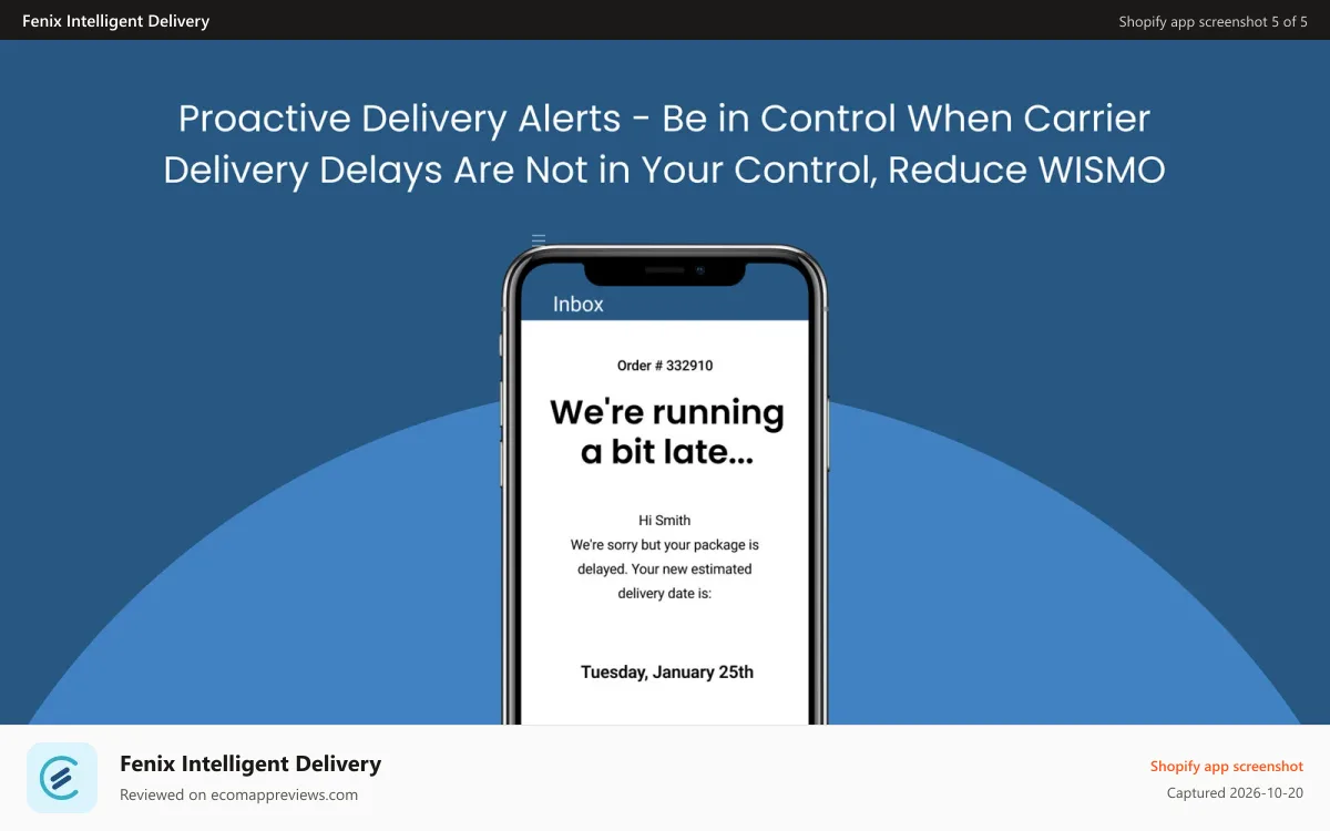 Fenix Intelligent Delivery Shopify app screenshot: Fenix: Proactive Delivery Delay Alerts