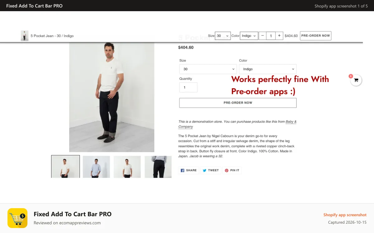 Fixed Add To Cart Bar PRO Shopify app screenshot: Works Perfectly with Pre-order