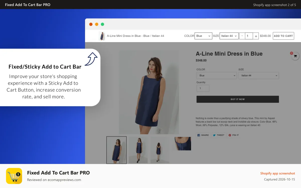 Fixed Add To Cart Bar PRO Shopify app screenshot: Fixed Sticky Add To Cart Bar