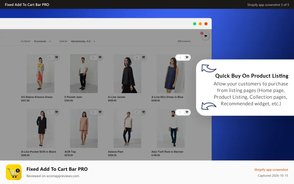 Fixed Add To Cart Bar PRO Shopify app screenshot: Quick Buy