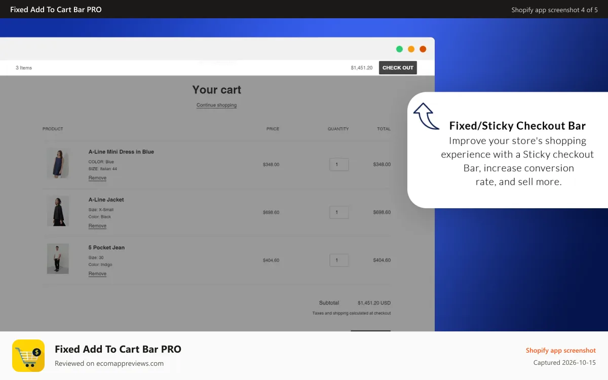 Fixed Add To Cart Bar PRO Shopify app screenshot: Fixed Sticky Checkout Bar