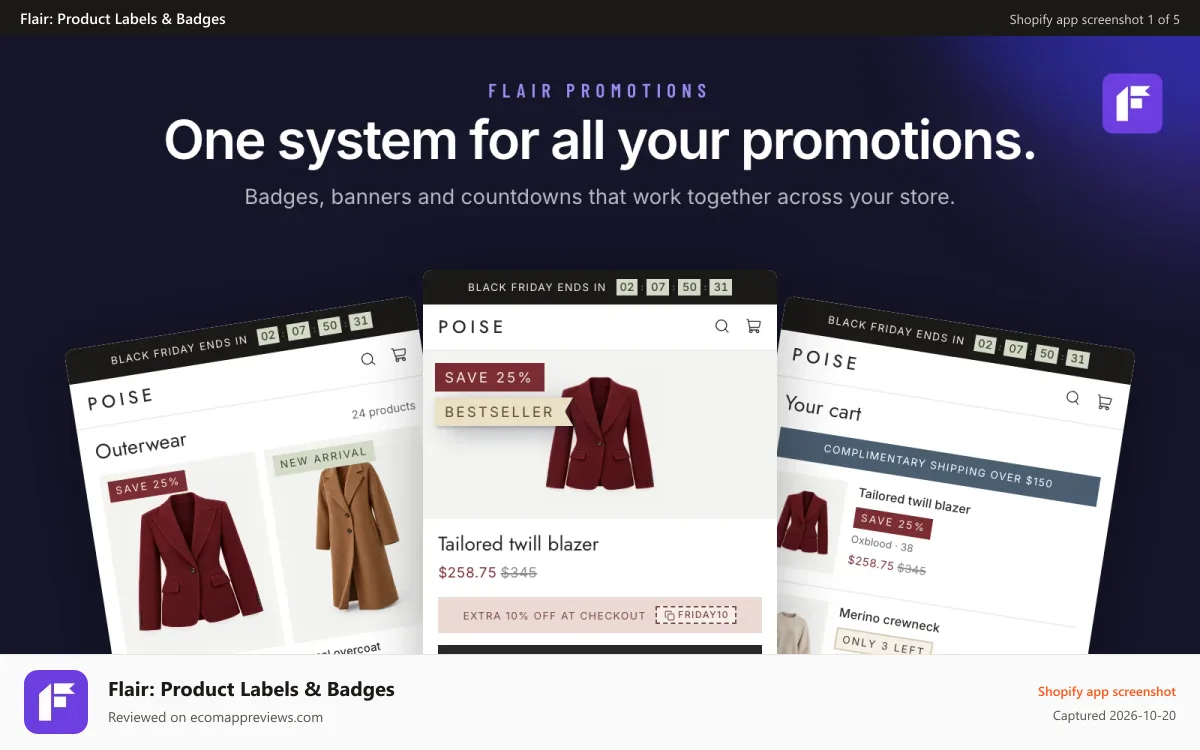 Flair: Product Labels & Badges Shopify app screenshot: One system for all your promotions.