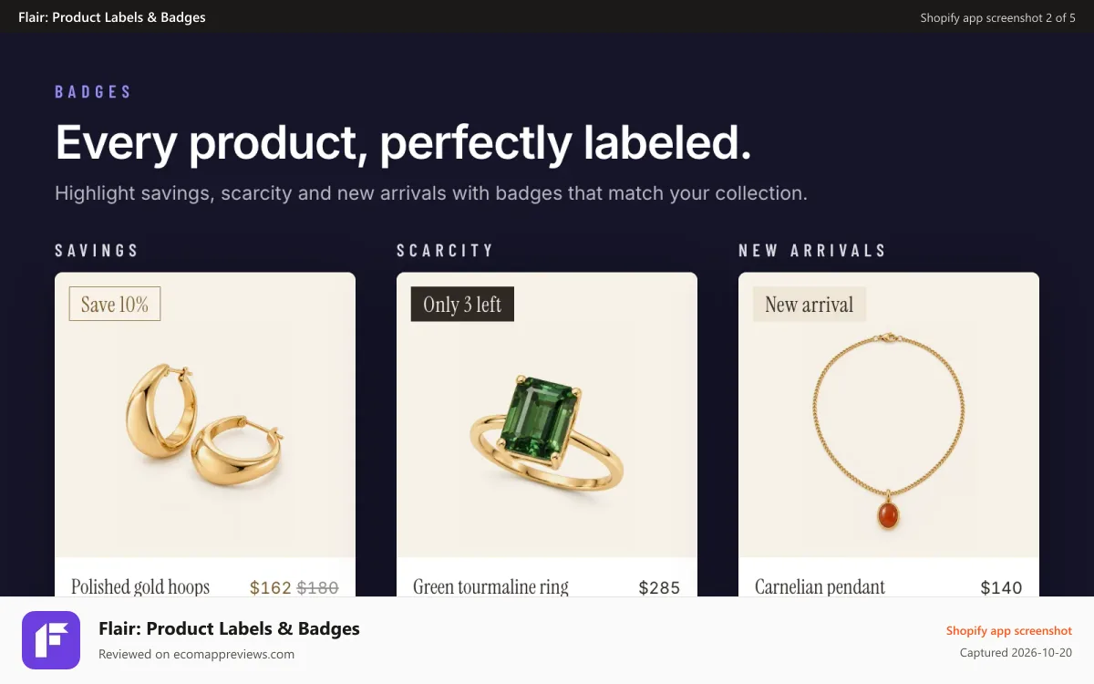 Flair: Product Labels & Badges Shopify app screenshot: Every product, perfectly labeled.