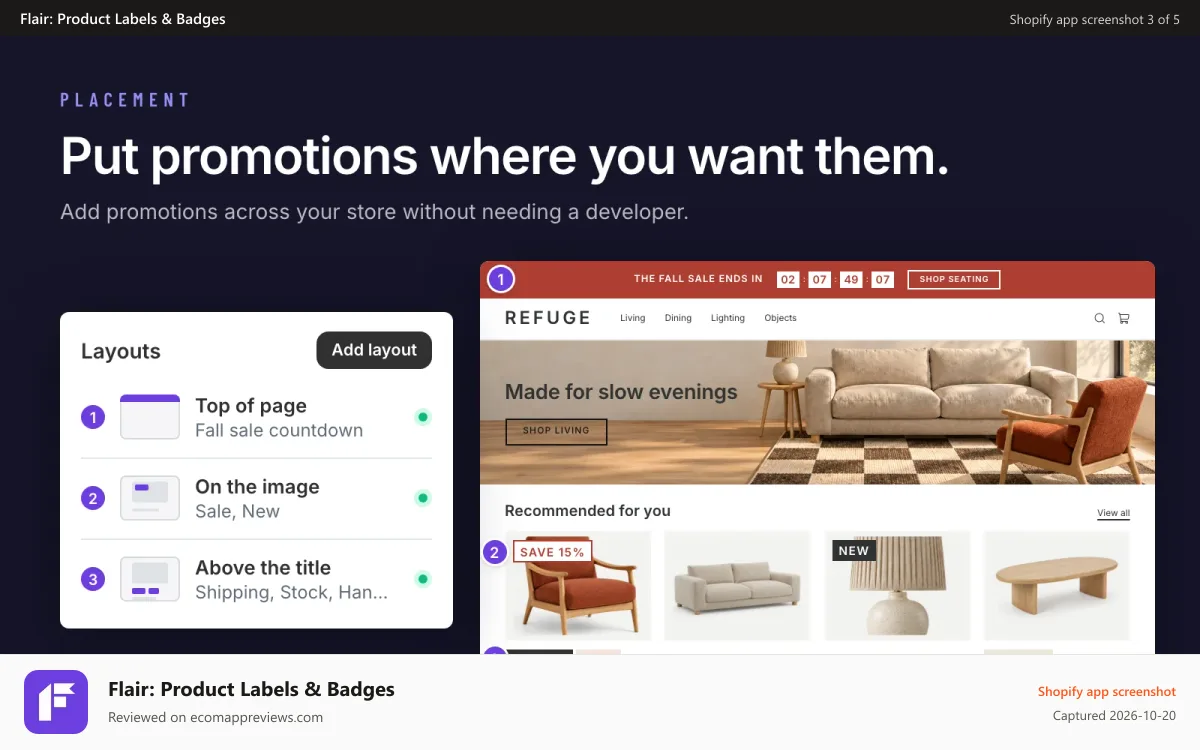 Flair: Product Labels & Badges Shopify app screenshot: Put promotions where you want them.