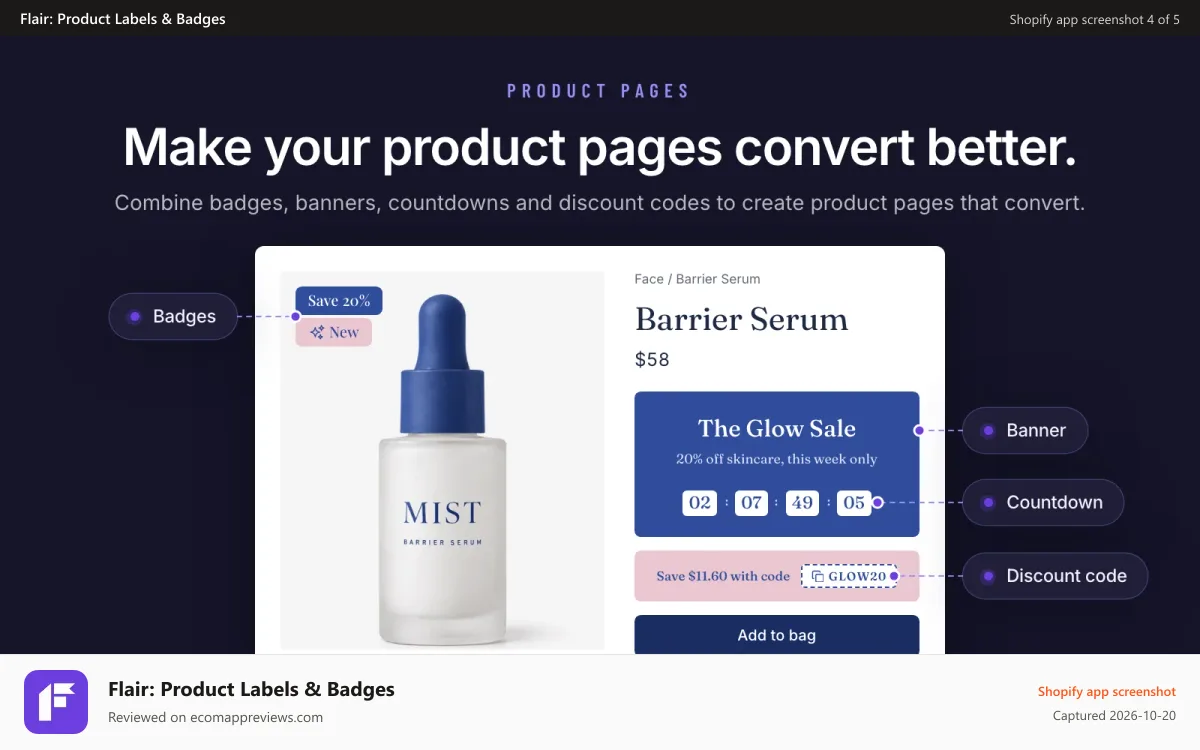 Flair: Product Labels & Badges Shopify app screenshot: Make your product pages convert better.