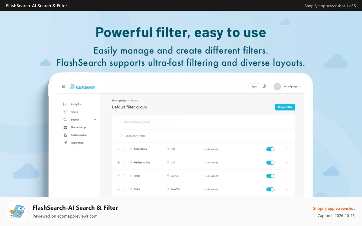 FlashSearch‑AI Search & Filter Shopify app screenshot: Dynamic filter and easy to use