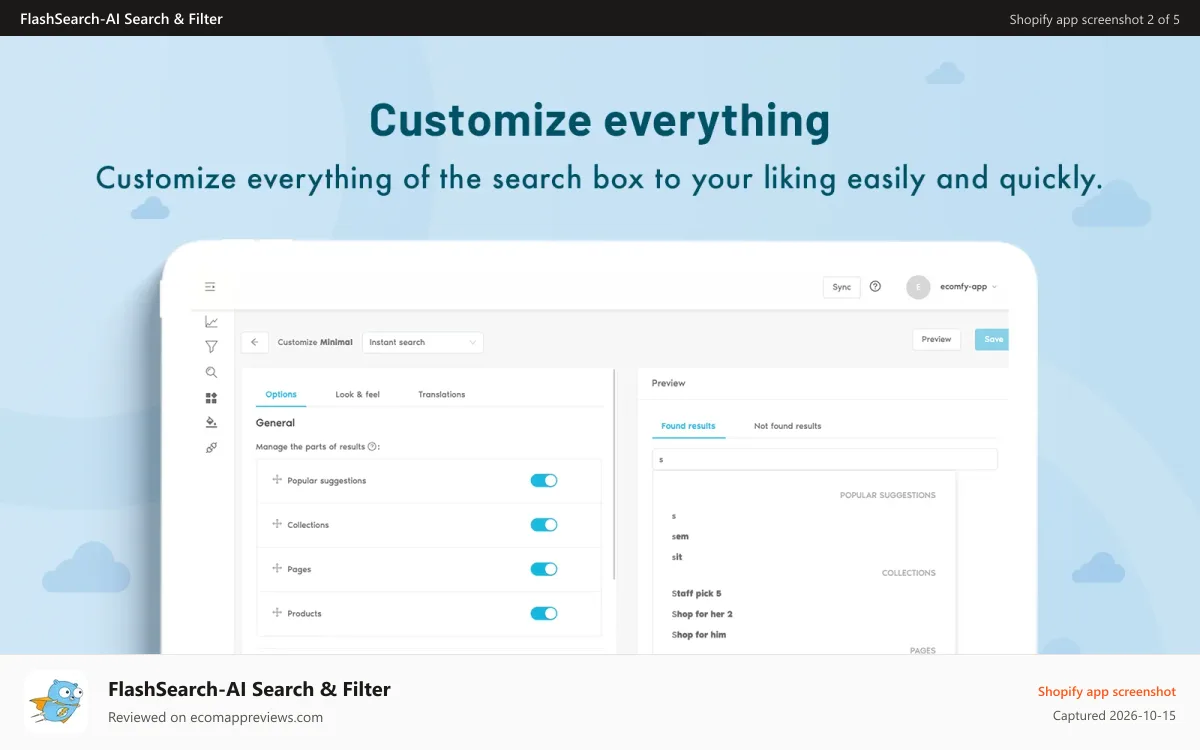 FlashSearch‑AI Search & Filter Shopify app screenshot: Customize everything