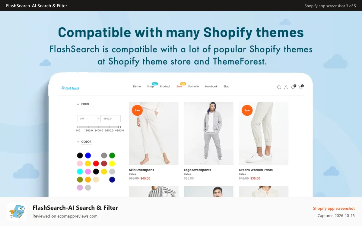 FlashSearch‑AI Search & Filter Shopify app screenshot: Compatible with all Shopify themes (Supported Online Store 2.0)