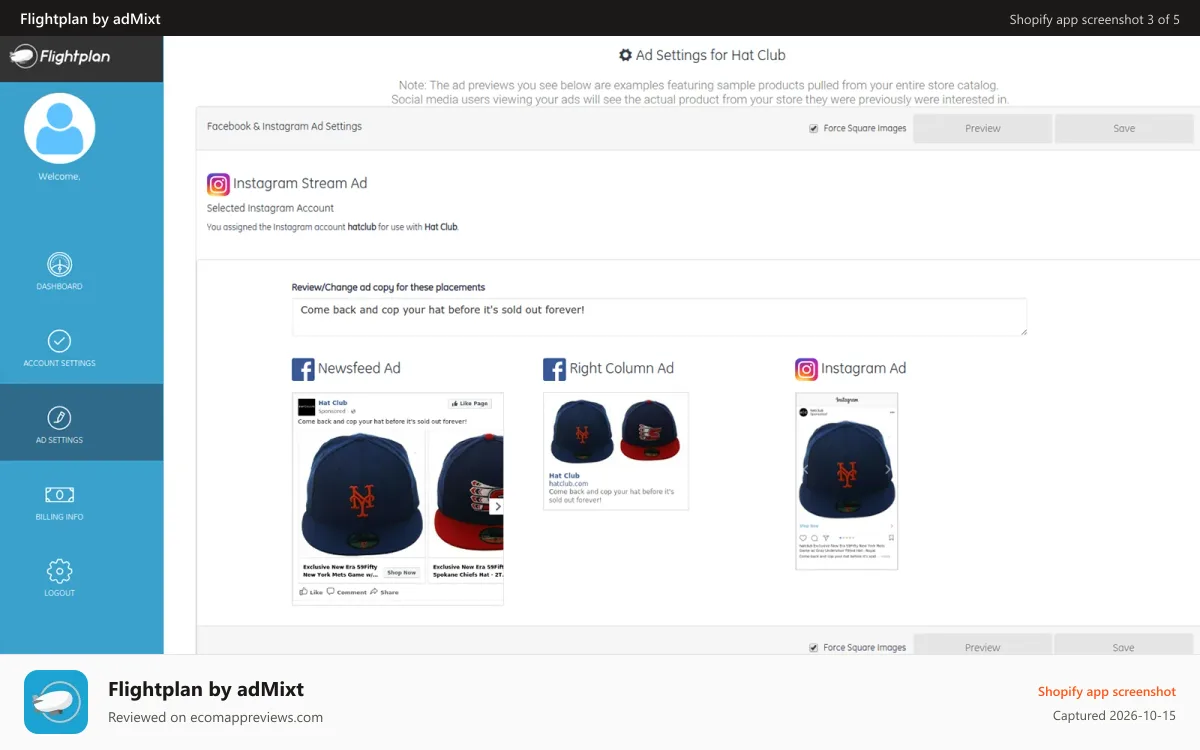 Flightplan by adMixt Shopify app screenshot: Dashboard Ad Settings