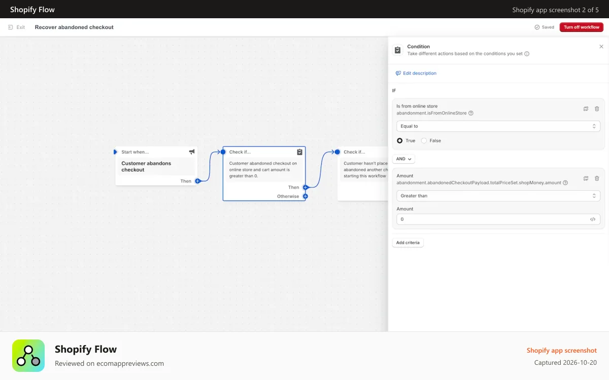 Shopify Flow Shopify app screenshot: Leverage powerful condition logic to build complex workflows