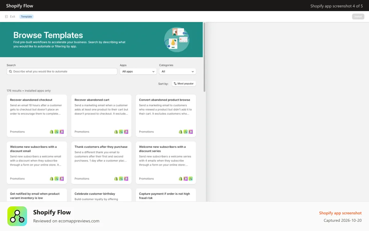 Shopify Flow Shopify app screenshot: Experiment instantly with pre-built workflow templates