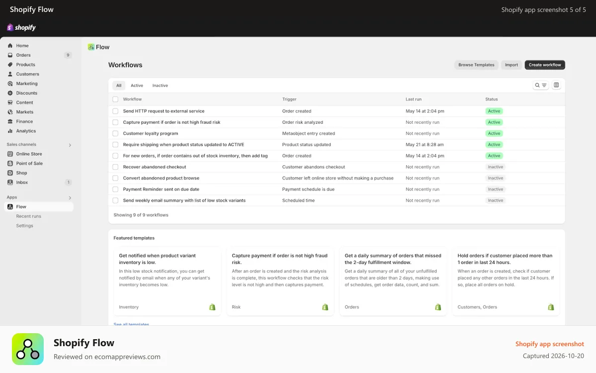 Shopify Flow Shopify app screenshot: Gain insight into workflows by tracking status and performance
