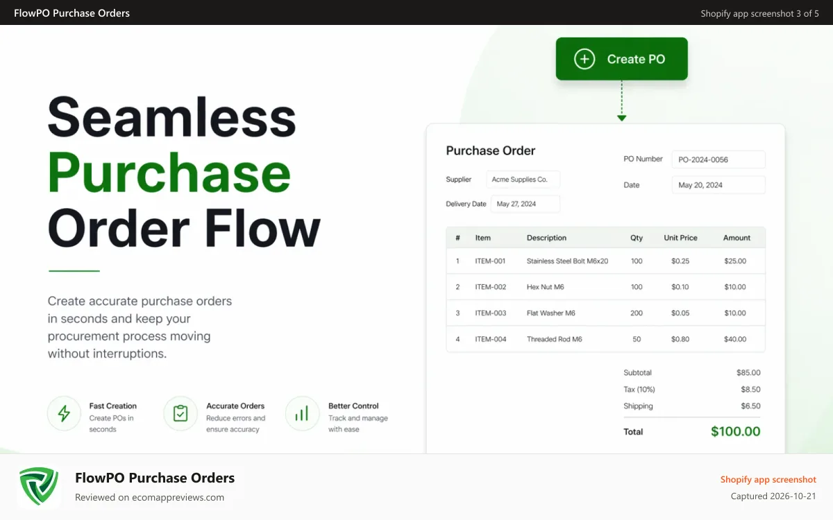 FlowPO Purchase Orders Shopify app screenshot: Seamless Purchase Order Flow