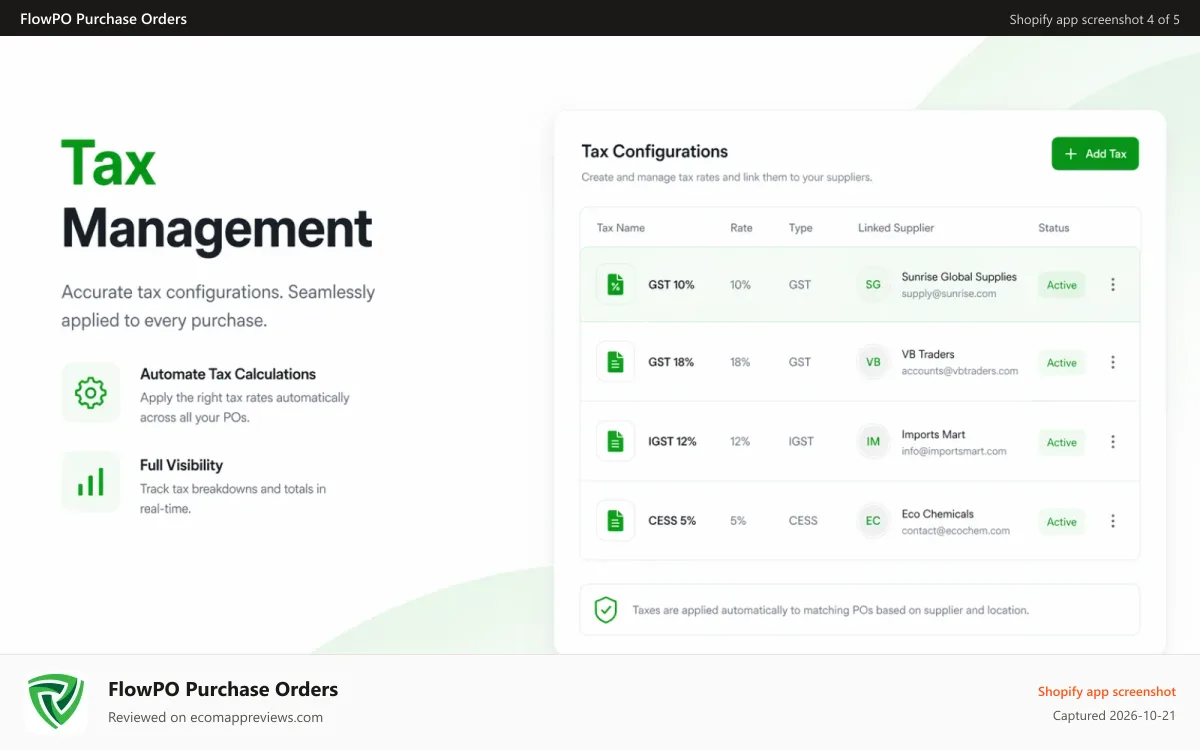 FlowPO Purchase Orders Shopify app screenshot: Tax Management
