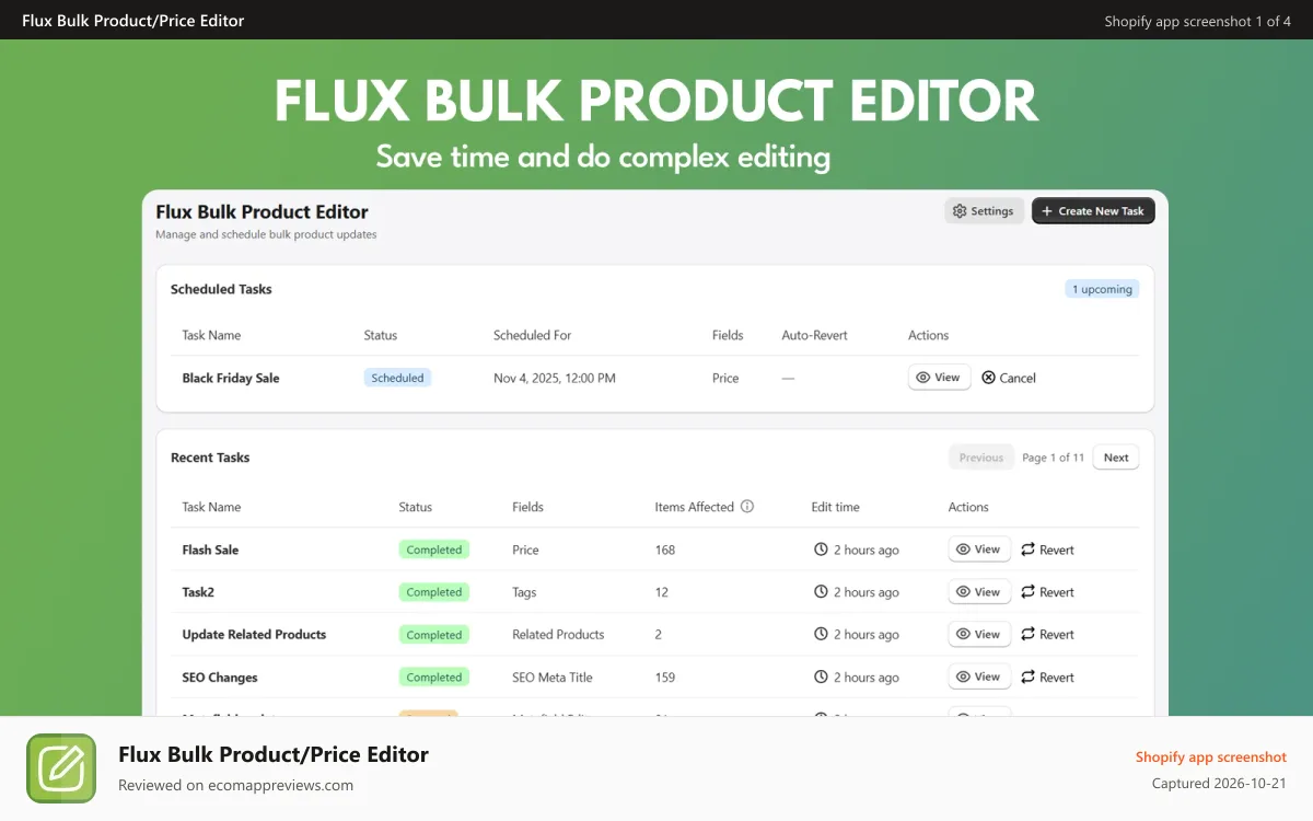 Flux Bulk Product/Price Editor Shopify app screenshot: bulk editor for shopify
