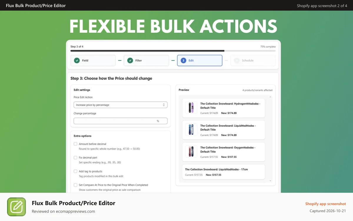 Flux Bulk Product/Price Editor Shopify app screenshot: bulk edit related products and complementary products