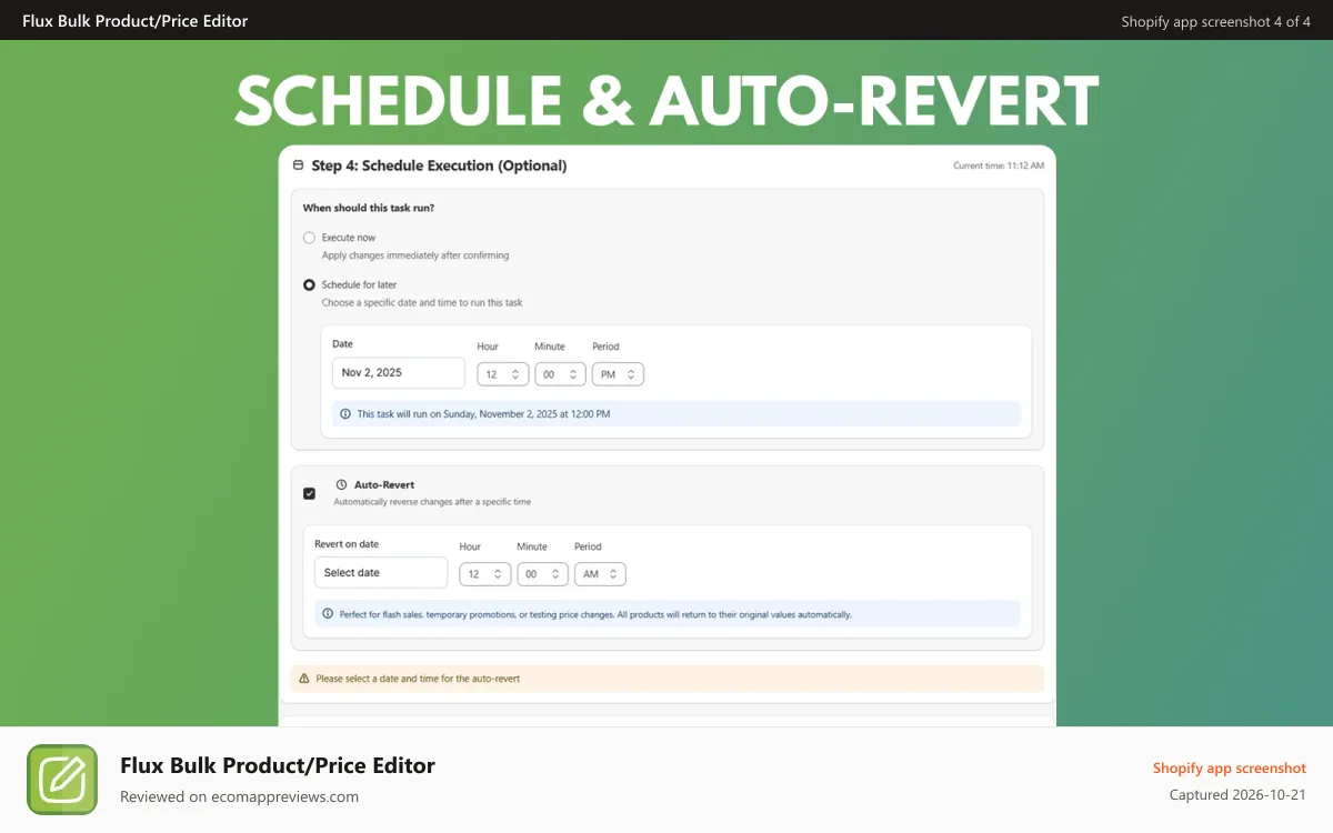 Flux Bulk Product/Price Editor Shopify app screenshot: bulk product edit automation variant fields