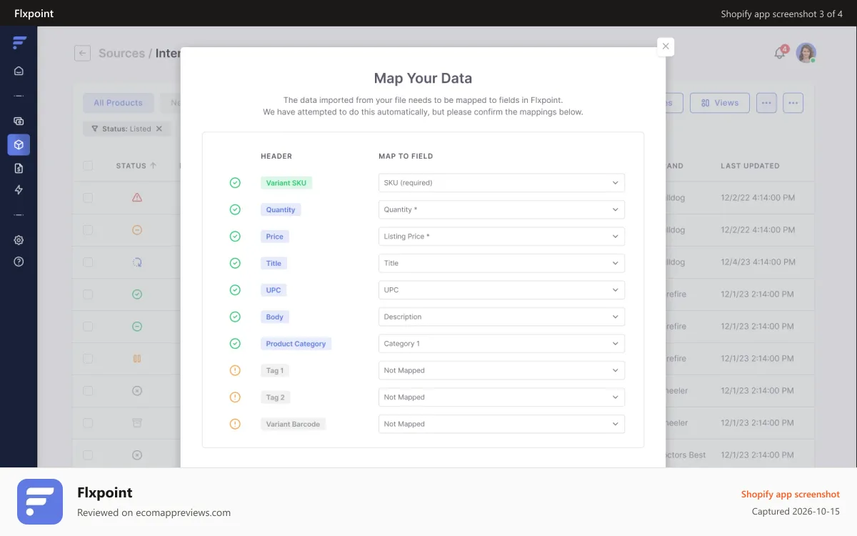 Flxpoint Shopify app screenshot: Data Integration No-Code Mapping