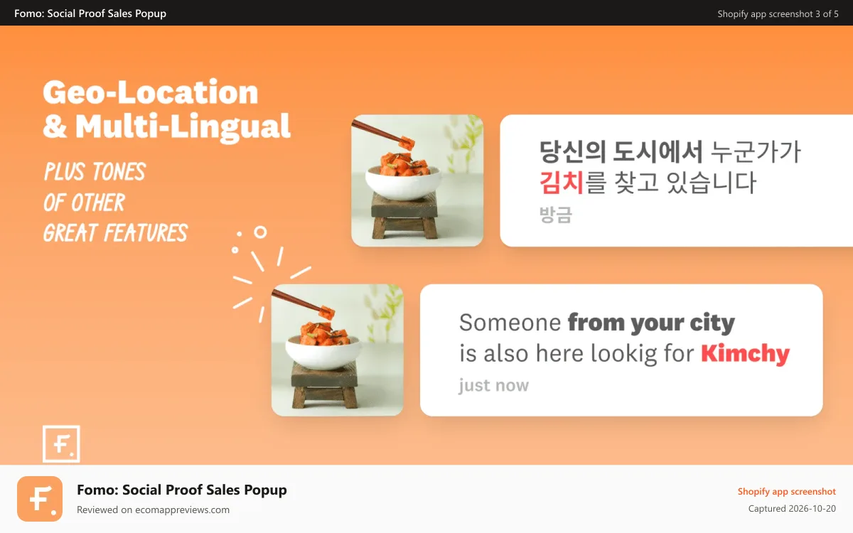 Fomo: Social Proof Sales Popup Shopify app screenshot: Geo-location and Multi-language Support