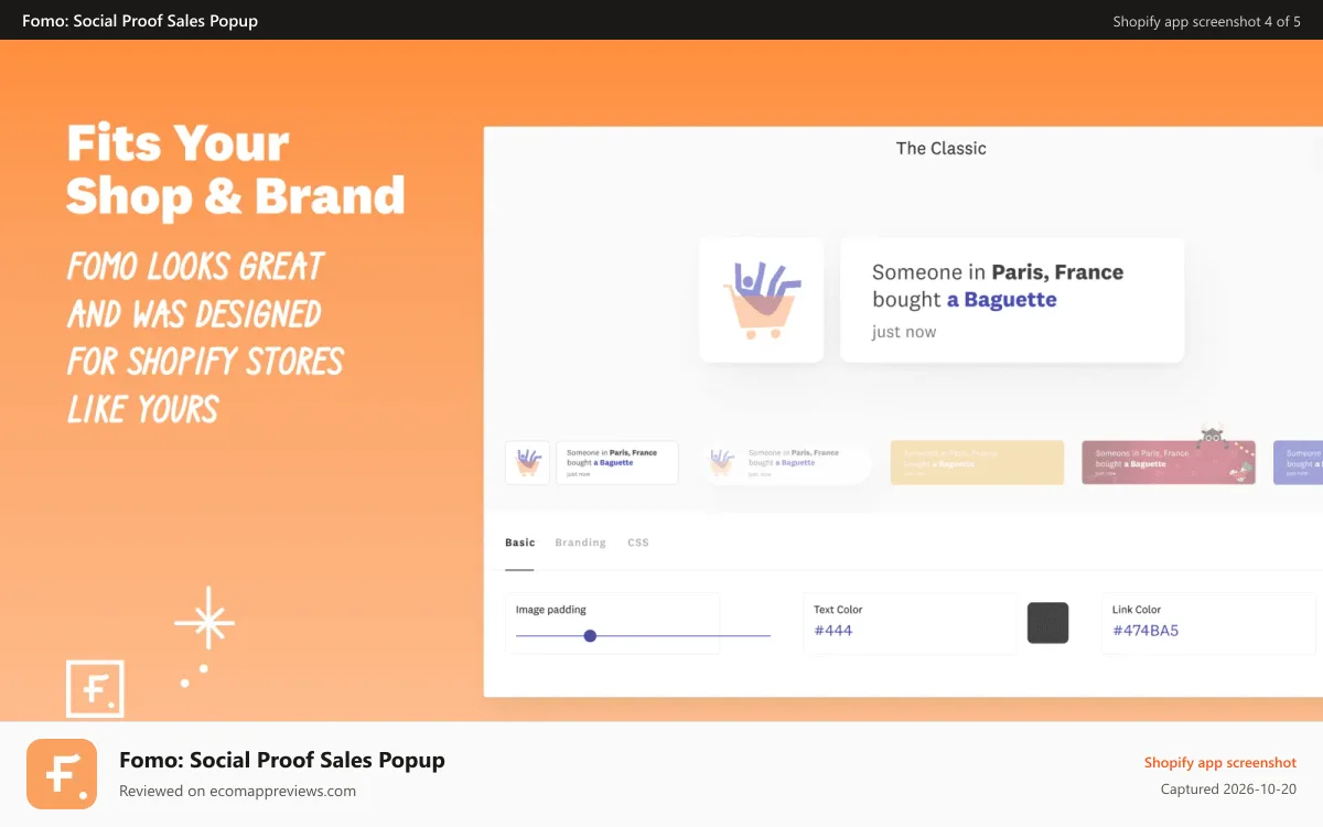 Fomo: Social Proof Sales Popup Shopify app screenshot: Fomo Builder: Match with your Shop & Brand
