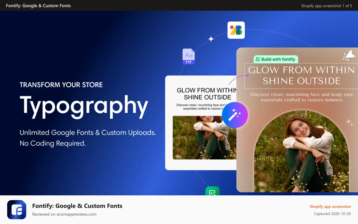 Fontify: Google & Custom Fonts Shopify app screenshot: Custom typography: Google and uploaded fonts, no code required