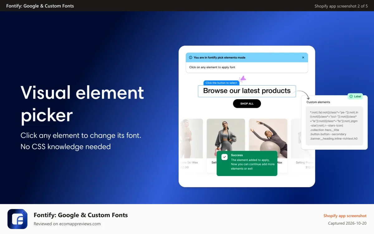 Fontify: Google & Custom Fonts Shopify app screenshot: Element picker applies Google fonts to any element, no code