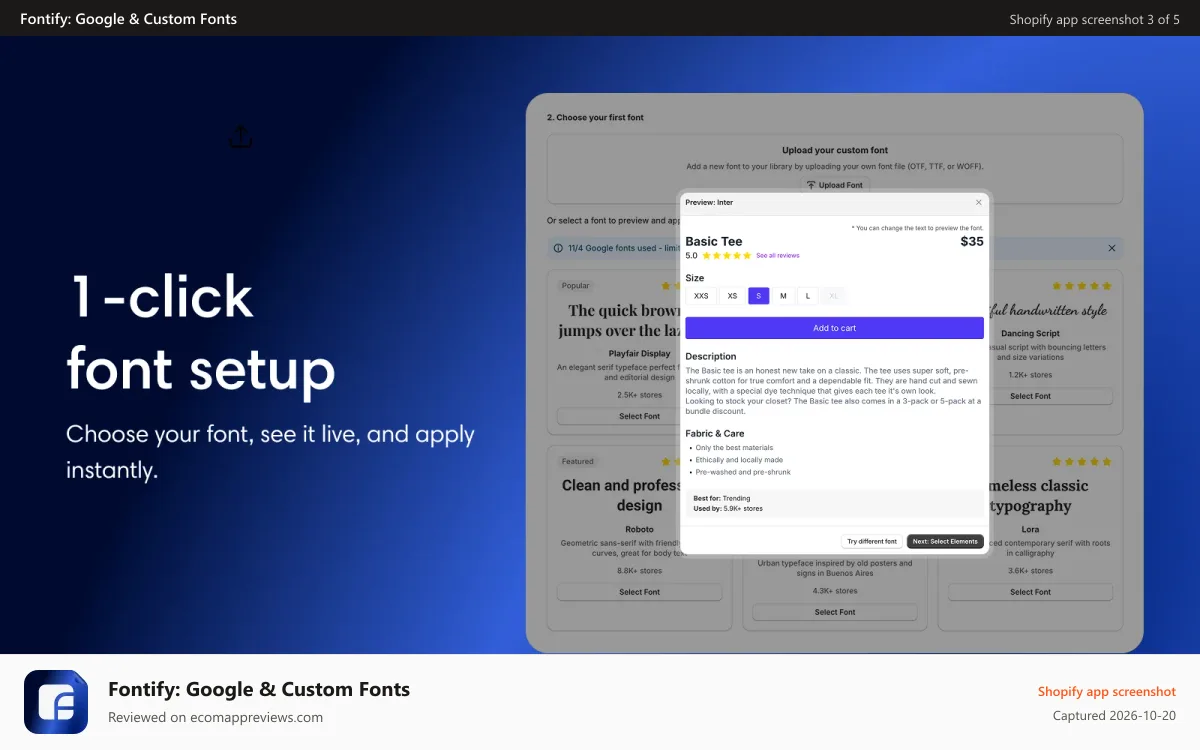 Fontify: Google & Custom Fonts Shopify app screenshot: Preview fonts live and apply to headings or body in one click