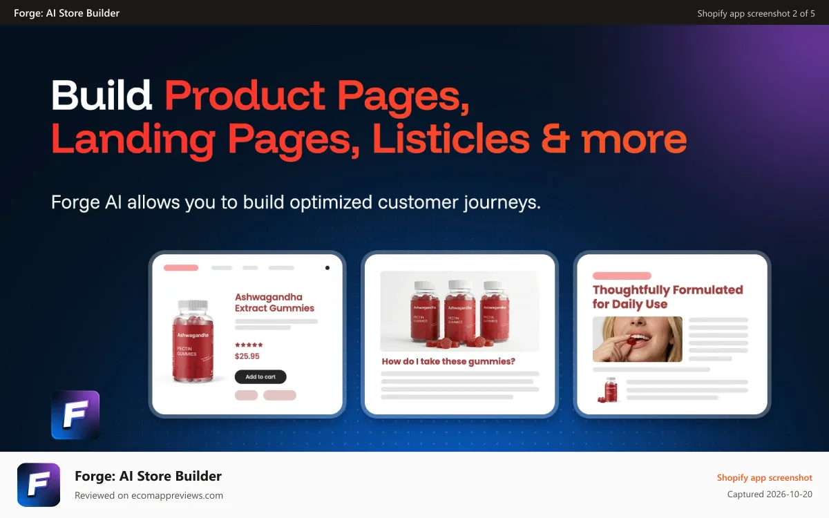 Forge: AI Store Builder Shopify app screenshot: build product pages, listicles, and advertorials