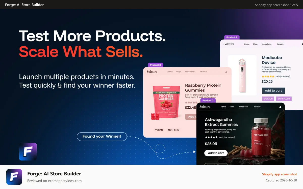 Forge: AI Store Builder Shopify app screenshot: Test multiple products and scale what sells