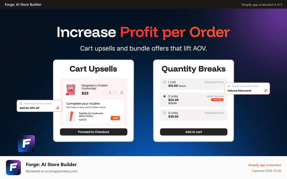 Forge: AI Store Builder Shopify app screenshot: Increase profit per order with cart upsells and bundle offers