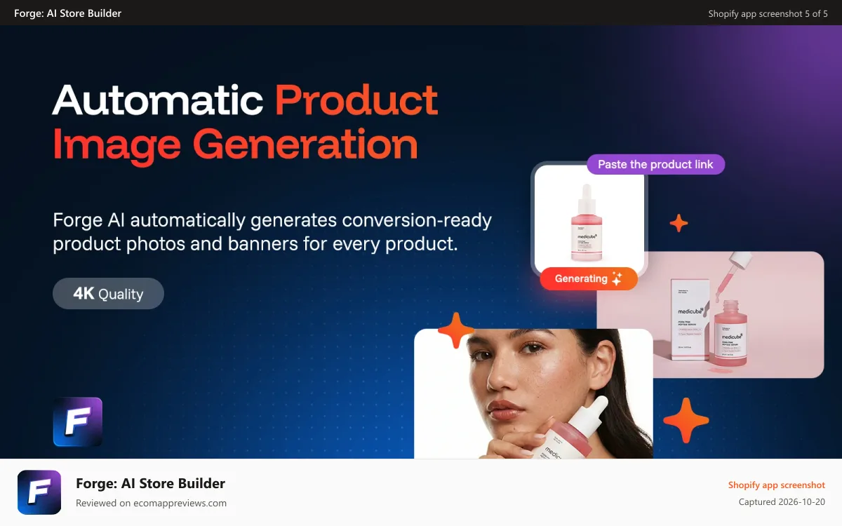Forge: AI Store Builder Shopify app screenshot: Professional product photos generated automatically