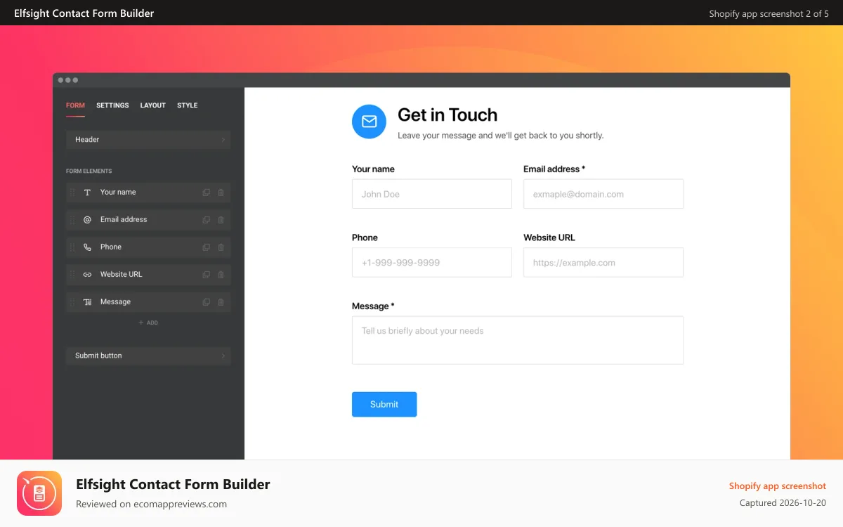 Elfsight Contact Form Builder Shopify app screenshot: A wide range of elements enables creating forms of any types