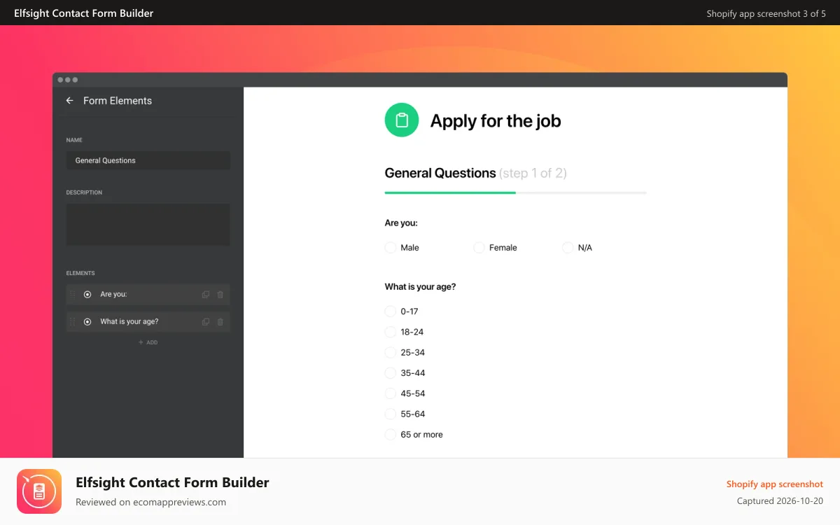 Elfsight Contact Form Builder Shopify app screenshot: Single or multi-stage forms with step-by-step validation