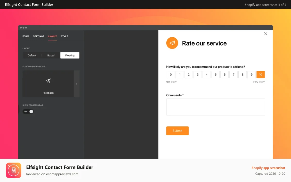Elfsight Contact Form Builder Shopify app screenshot: A choice of practical layouts: for content areas and floating