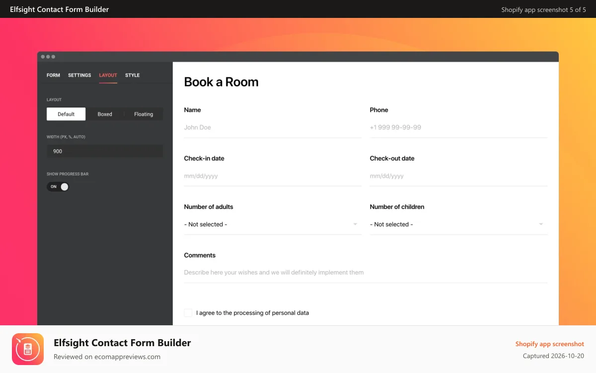 Elfsight Contact Form Builder Shopify app screenshot: Adjustable widget width and breaking into columns
