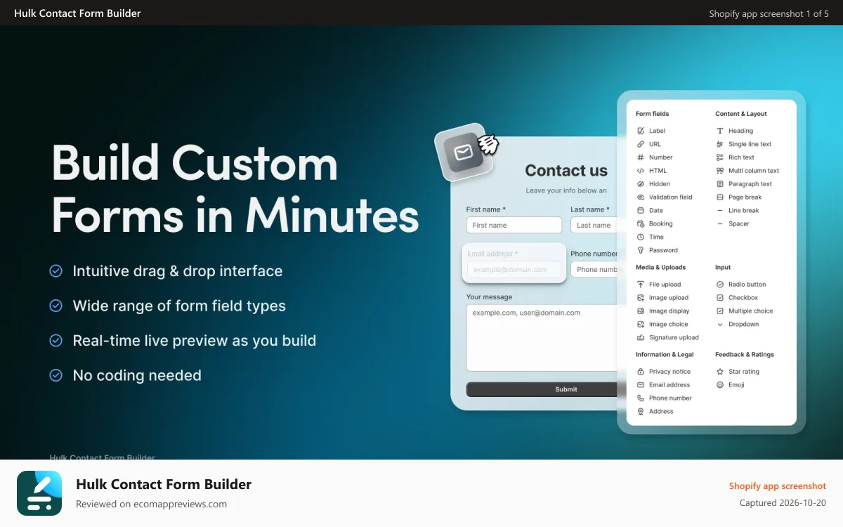 Hulk Contact Form Builder Shopify app screenshot: Build custom forms is minutes.
