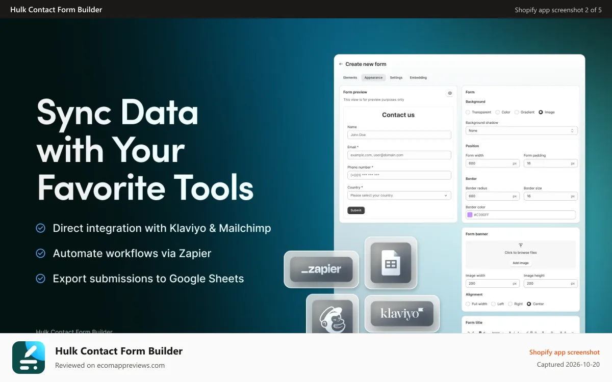 Hulk Contact Form Builder Shopify app screenshot: Sync data with your favourite tools.