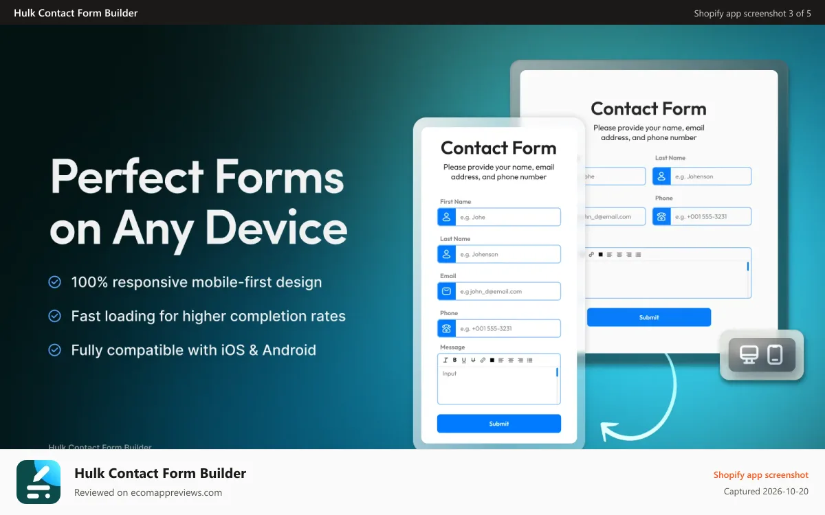 Hulk Contact Form Builder Shopify app screenshot: Perfect forms on any device.