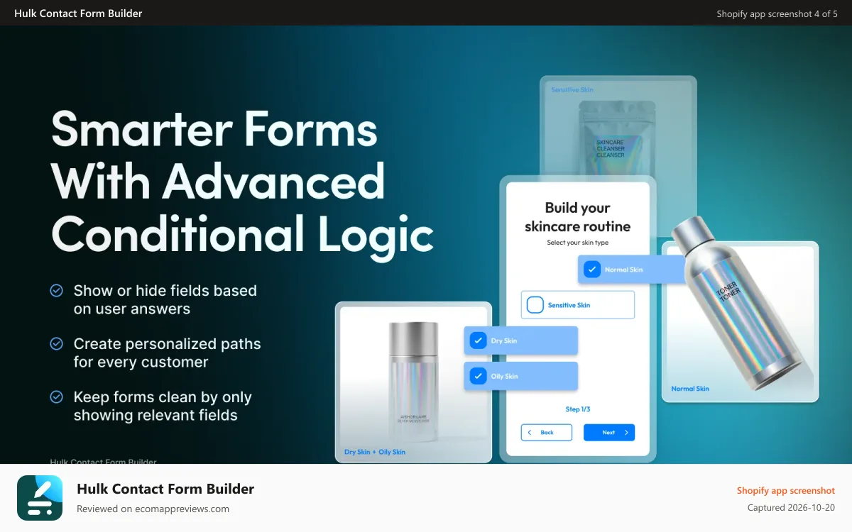 Hulk Contact Form Builder Shopify app screenshot: Smarter forms with advanced conditional logic.