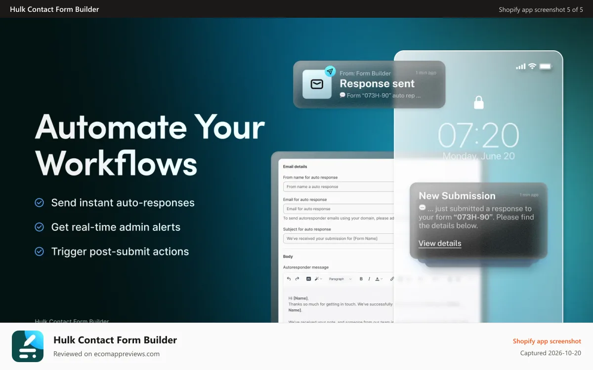 Hulk Contact Form Builder Shopify app screenshot: Automate your workflows.