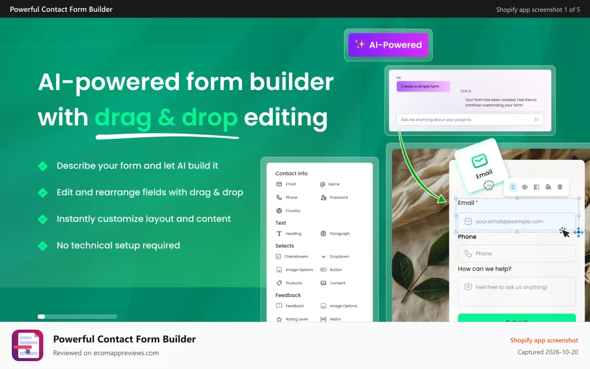 Powerful Contact Form Builder Shopify app screenshot: create professional looking forms with no coding