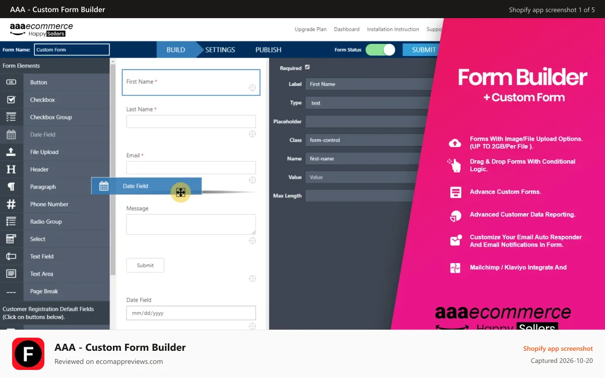 AAA ‑ Custom Form Builder Shopify app screenshot: Form Builder APP