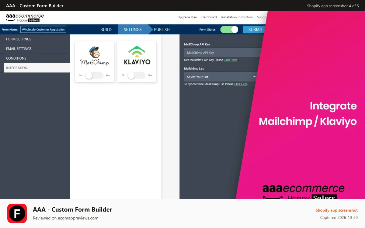 AAA ‑ Custom Form Builder Shopify app screenshot: Mailchimp Klaviyo Form Integration
