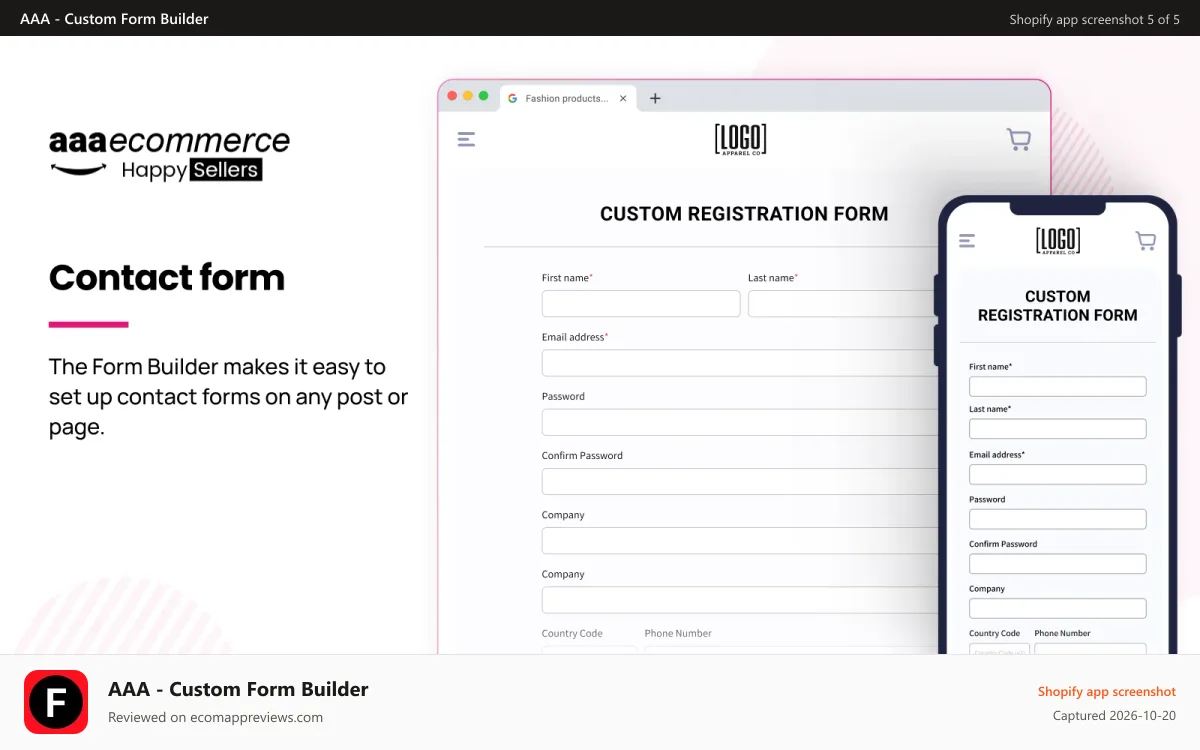 AAA ‑ Custom Form Builder Shopify app screenshot: Front store desktop and mobile view