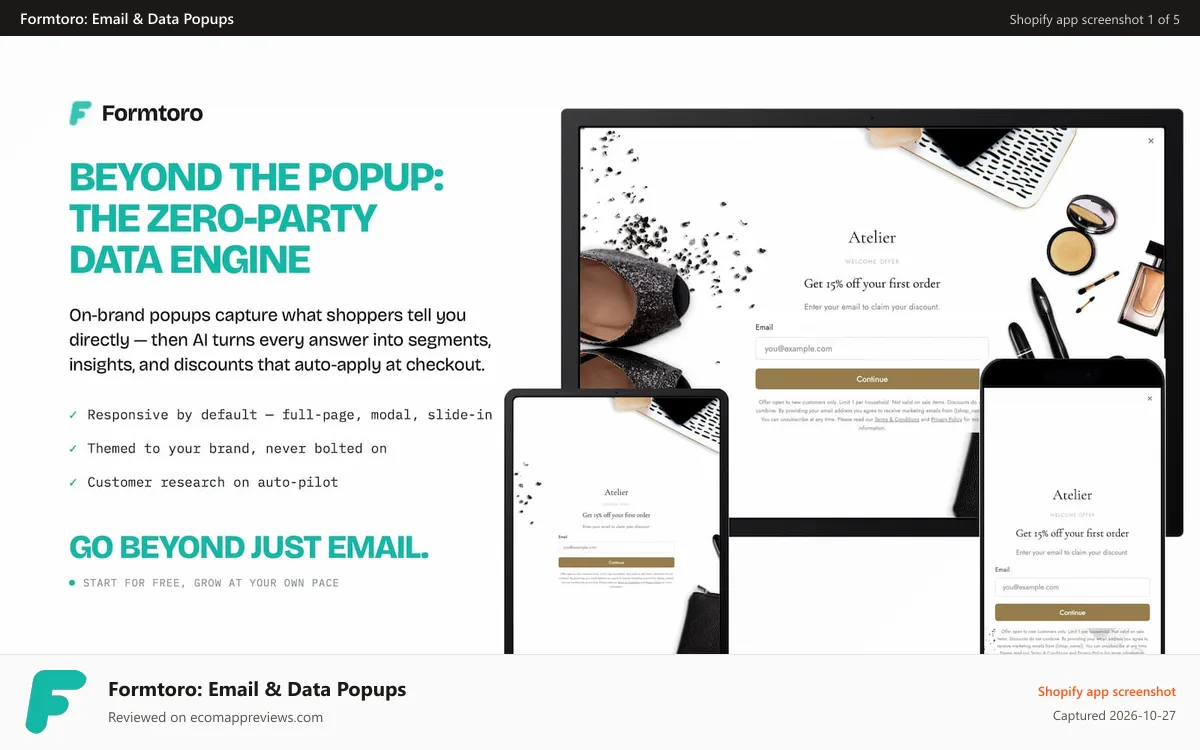 Formtoro: Email & Data Popups Shopify app screenshot: Formtoro AI business Intelligence via Zero-Party-Data