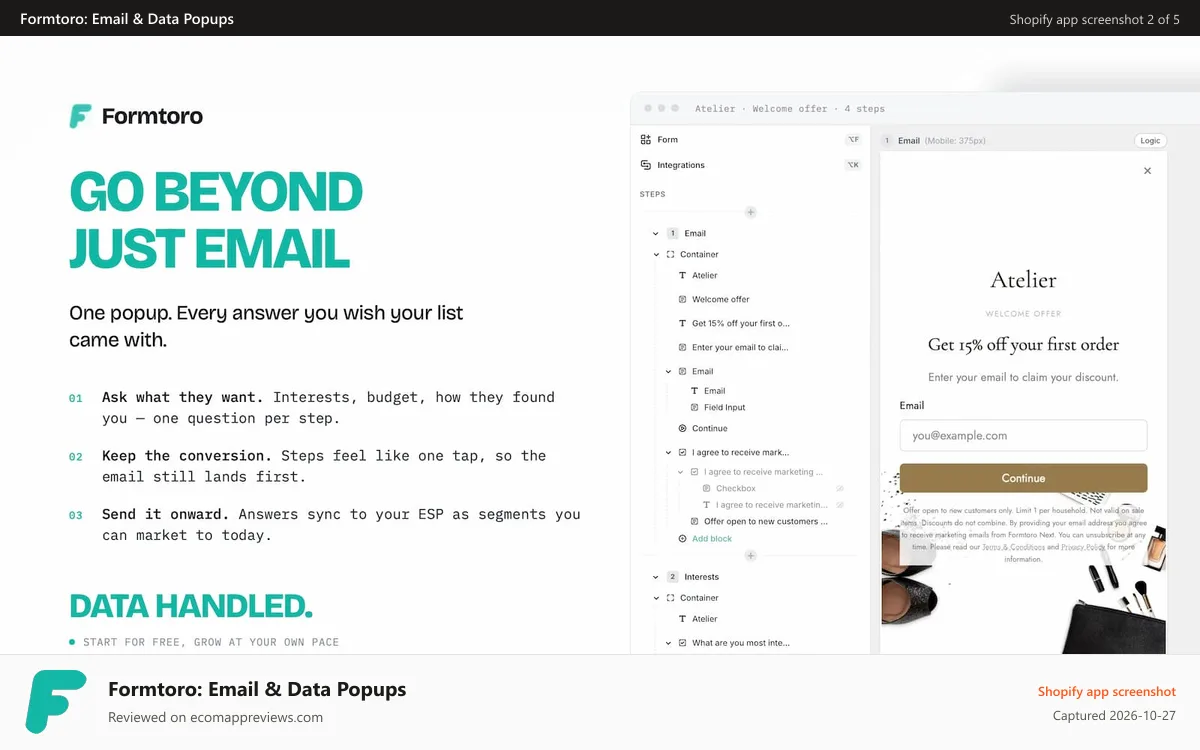 Formtoro: Email & Data Popups Shopify app screenshot: Pixel Perfect form done for you with our AI assistant Luigi