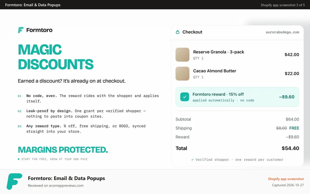 Formtoro: Email & Data Popups Shopify app screenshot: Magic Discounts that just work, no code needed