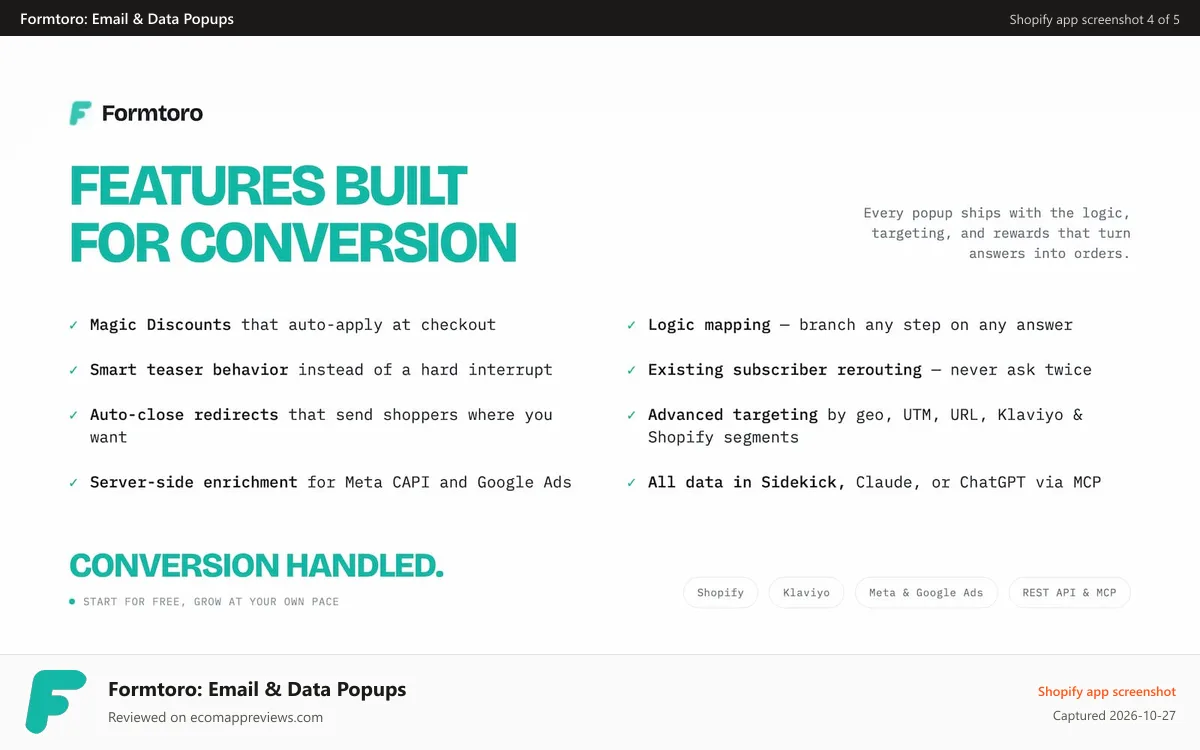 Formtoro: Email & Data Popups Shopify app screenshot: Conversion that's feature driven, what a popup should be